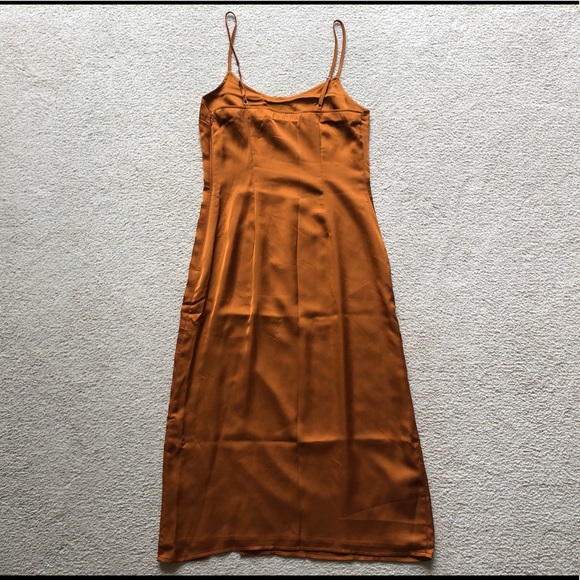 Abercrombie & Fitch Copper Brown Havana Gold Satin Slip MIDI Dress Slit Scoop S - Picture 5 of 8